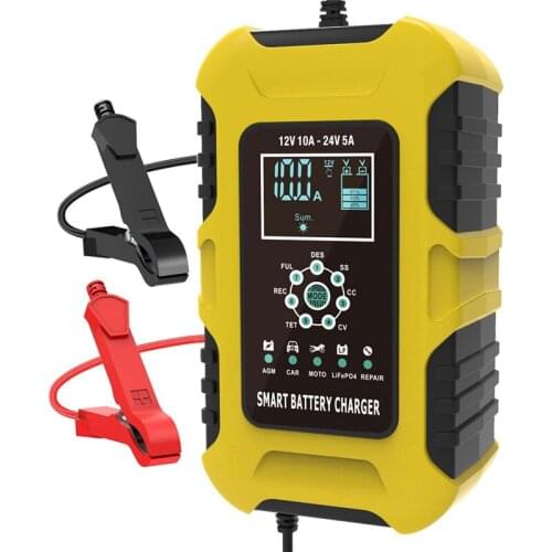 Foxsur 12V 10A 24V 5A Car Battery Charger 7-stage Automatic for Lead Acid Gel AGM LiFePo4 Wet Batteries Motorcycle Charger