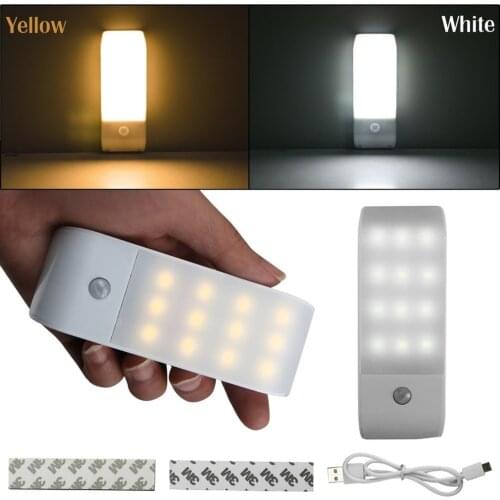 12 LED PIR Infrared Stick-on Rechargeable Wardrobe Night Light USB Motion Detector Induction Sensor Closet Corridor Lamp 5V