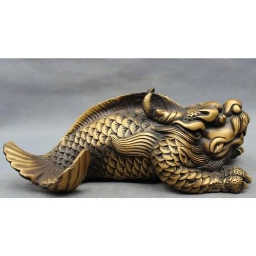 Chinese Bronze Carved FengShui Wealth Dragon Head Fish Beast Statue Figurine