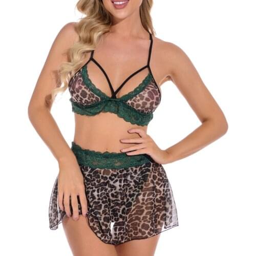 Erotic Lingerie Sets Bra Leopard Lace V Neck Sexy Sleevless Sling + Mini Skirt Underwear for women Bielizna Erotyczna Drop Ship