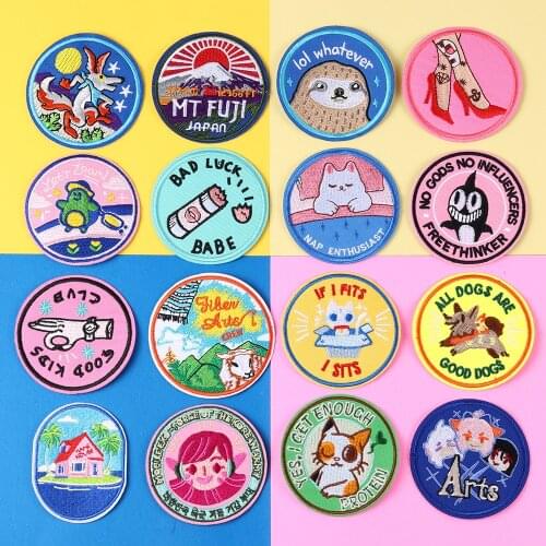Round Mount Fuji, Japan Patches Fox, penguin, cat, sloth Patch Embroidered Iron On Patches For Clothes Stripe Stickers