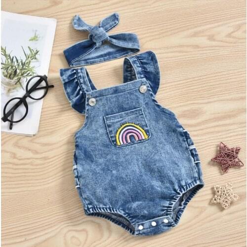 Fashion Baby Girls Bodysuits Girls Summer Creative Rainbow Embroidery Fly Sleeve Lace Decoration Denim Romper Headwear Set
