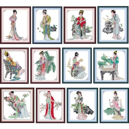 Joy Sunday Twelve Jinling Ladies Stamped Cross Stitch Kits Printed 11CT 14CT Counted Craft Chinese Art Embroidery Needlework Set