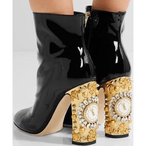 Real photo Luxury diamond clock crystal chunky high heel woman ankle boots clock heel short boots