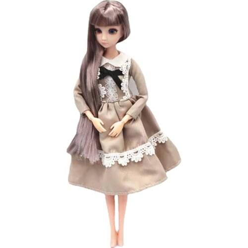 1/6 BJD Clothes Fashion Long Sleeve Khaki Lolita Bowknot Princess Doll Dress Gown for Barbie Doll Clothes Outfit Dolls Accessory