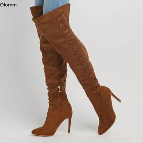 Olomm Customize Handmade Women Thigh High Boots Sexy Stiletto Heels Pointed Toe Gorgeous Camel Party Shoes Women US Size 5-15