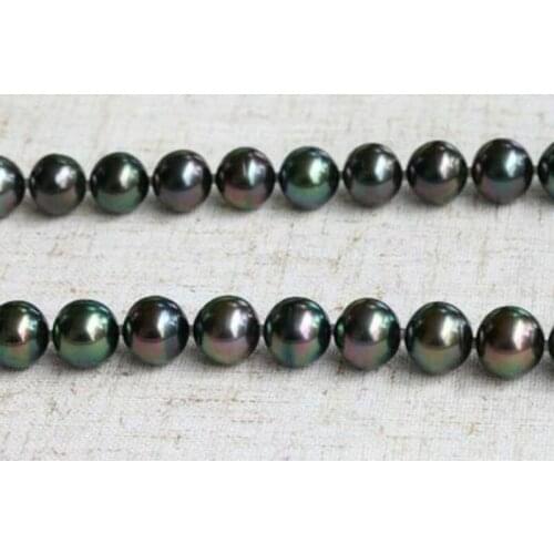 Stunning11- 12mm south sea round black green pearl necklace 18inch 925s
