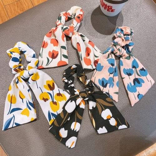 Sweet Tulip Floral Hair Band Vintage Elastic Hair Srunchi For Womens Ponytail Ribbon Hair Accessories Girls Autumn Scrunchy
