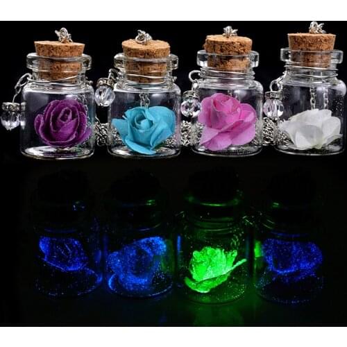 Romantic Rose Flower Pendant Luminous Glow In Dark Necklace Fluorescent Glass Wish Bottle Necklace For Gift Jewelry