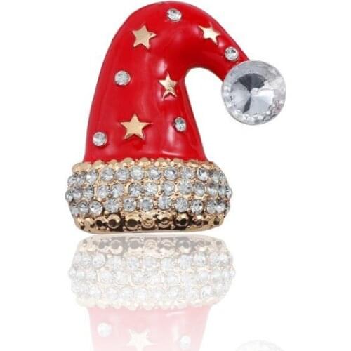 Christmas Brooch Red With Five-pointed Star Hat Inlaid White Rhinestone Pins Alloy Fashion Women Halloween Jewelry Gift Hot