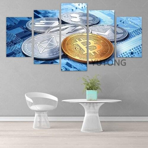 Modern Wall Art Posters Canvas Prints 5 Piece Set Gold Coins Bitcoin Dash Ripple Litecoin Pictures framed Framed Ready to Hang