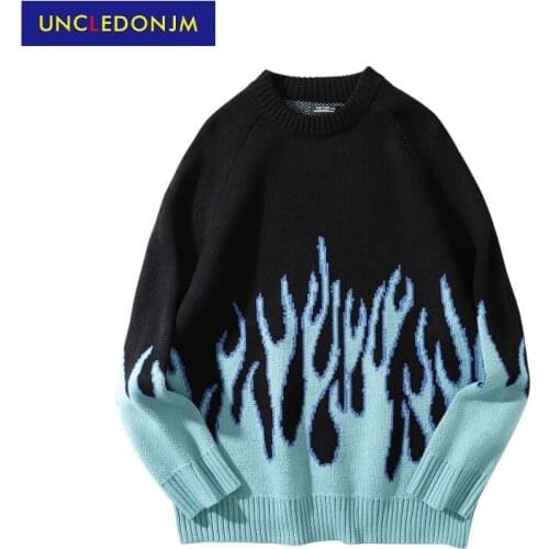Flame Hip Hop Streetwear Harajuku Sweater Vintage Retro Japanese Style Knitted Sweater Pullover TID-6009