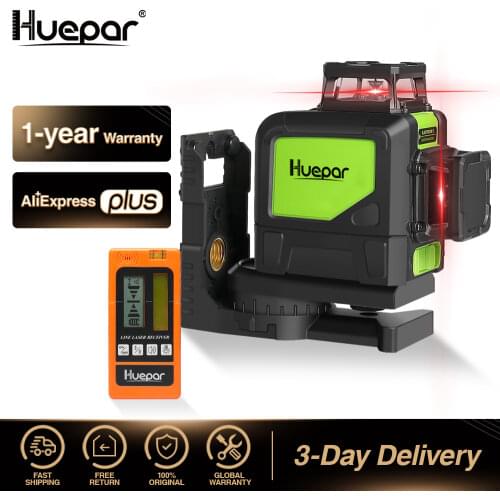 Huepar 3D Red Laser Level 360 Vertical Horizontal Cross Line Self-leveling 8 Lines Lasers 2*360 Level & Laser Detector Receiver