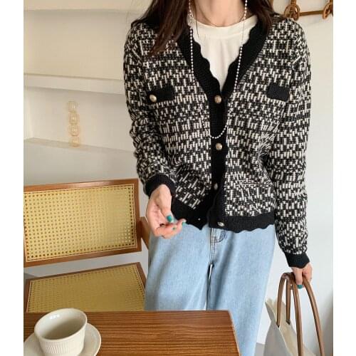 9011 Autumn Women Korean Sweater Cardigan Wavy Edge Long Sleeves V-Neck Vintage Button Pockets Fashion Short Knitted Top Female