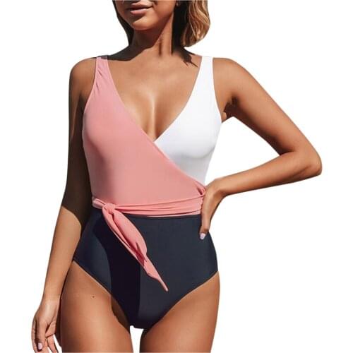 Women Swimsuit Sexy Bodysuit Women One-piece Suits V-neck Sling Stitching Swimwear Lace-up Bikini Summer Bathing Suit Monokini