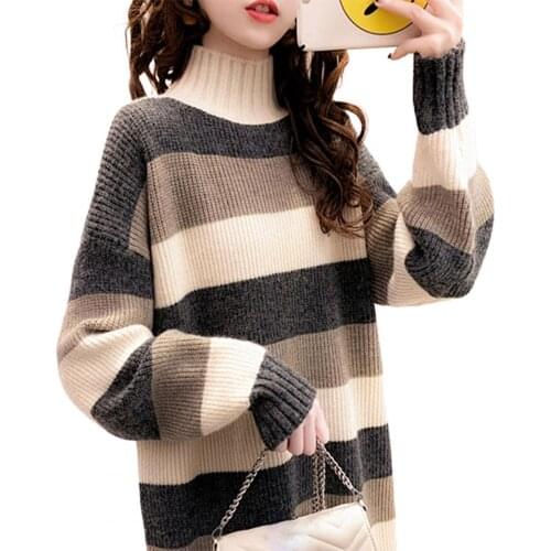 Women Long Sleeve Mock Neck Color Block Sweater Autumn Winter Knitwear Jumpers Korean style Knitwear Casual Top women clothing