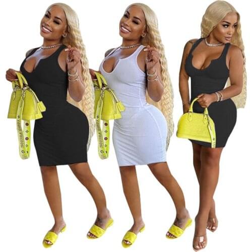 MCK-A440 Women Casual Shirt Dress Summer Deep V Neck Sleeveless Rib Ribbed Knit Solid Color Elegant Streetweat 2021 New