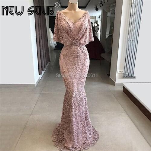 Lace Beading Formal Evening Dresses Dubai Kaftans Prom Dress Party Gowns Custom Made Arabic V Neck Evening Dress Robe De Soiree