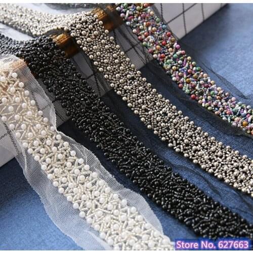 1Yard Black Off White Pearl Beaded Lace Trim Collar Ribbons African Lace Sewing Materials Crafts For Clothes Wedding Dress