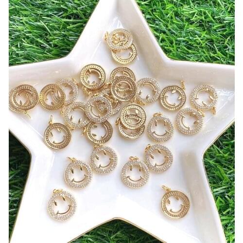 10Pcs Trendy Smile Face Pendant Happy Face Round Shape Charm Necklace Full CZ Paved Jewelry for Men Women