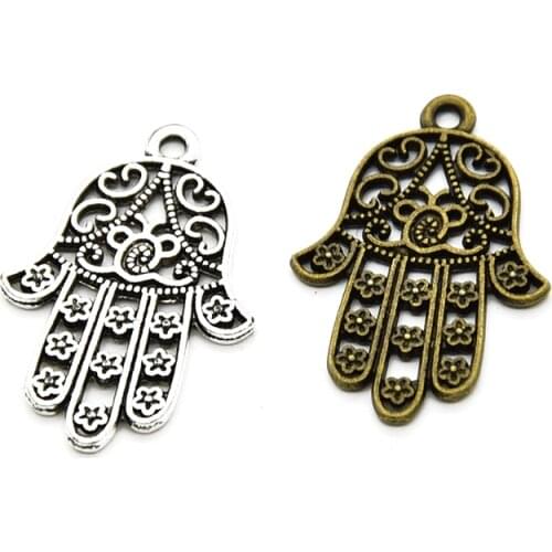 12pcs Antique Silver Tone Hamsa Hand Charm Double Sided Charms for Bangle Bracelet Charm Pendants 30*20*1.5mm
