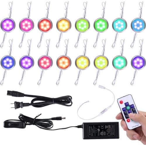 Aiboo LED Dream Color RGB 16 Lamps Under Cabinet Lights Remote Linkable Dimmable Puck Light Kit for Party Christmas Decorations