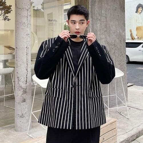 Black Stripe Splice Blazers Men Korean Fashion Casual Loose Suit Jacket Male Streetwear Vintage Party Dress Suit Blazer Coat
