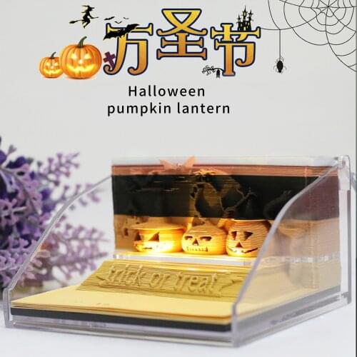 Omoshiroi Block Notepad Cubes Pumpkin Head 3D Note Paper Led Light Button Battery Diy Scrapbooking Halloween Decoration Gift