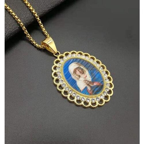Virgin Mary Pendant Necklace with zircon for Men Women Girls Gold Color Our Lady Jewelry Wholesale Colar Cross Trendy Chain