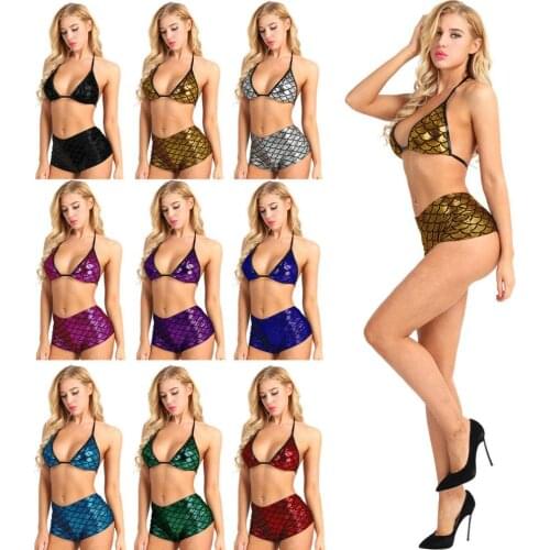 Women Sexy Lingerie 2Pcs Bikini Set Swimwear Glitter Mermaid Bra Top High Waist Shorts Lingerie Underwear