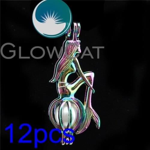 GLOWCAT 12x R-C242 Rainbow Colors Sea Mermaid Pearl Cage Jewelry Making Essential Oil Diffuser Aroma Beads Cage Locket Pendant