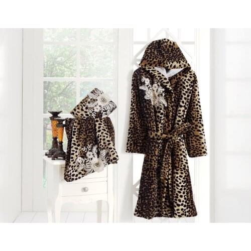 Leopard print Hooded Bathrobe Set 3 Piece