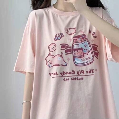 Cool Pink Print T-Shirt Girl Polyester Japan Cartoon Teens Tops Summer Cute Tees Causal Harajuku Oversize Punk Kawaii T Shirts