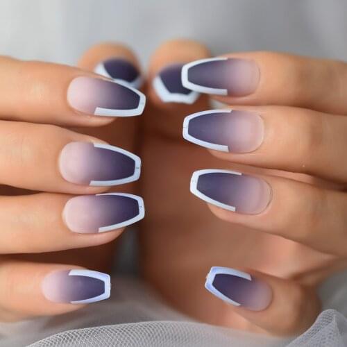 Matte Ombre Press on French Fake Nail Coffin Gradient Gray Designs False Nails Frosted Full Cover Wear Nail Art Tips for Women