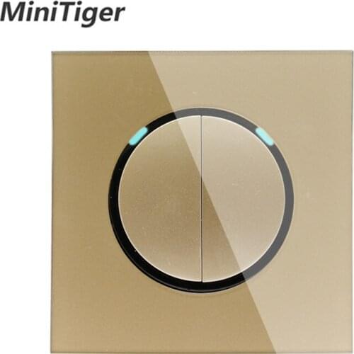 Minitiger New Arrival Gold Crystal Glass Panel 2 Gang 1 Way Random Click On / Off Wall Light Switch With LED Indicator