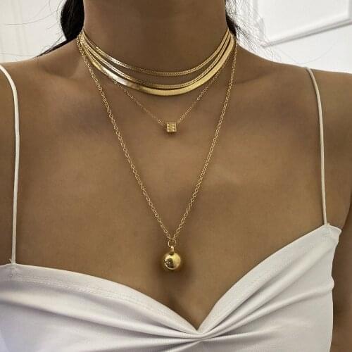 Trendy Punk Layered Chocker Necklace Long Cuban Link Chain Gothic Bead Square Pendant Necklace for Women Gold Charm Jewelry