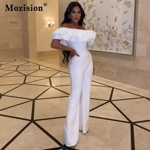 Mozision White Sexy Off-shoulder Flare Jumpsuit Women Fashion Summer Flash Neck Slim Ruffle Sleeveless Elegant Jumpsuits Ladies