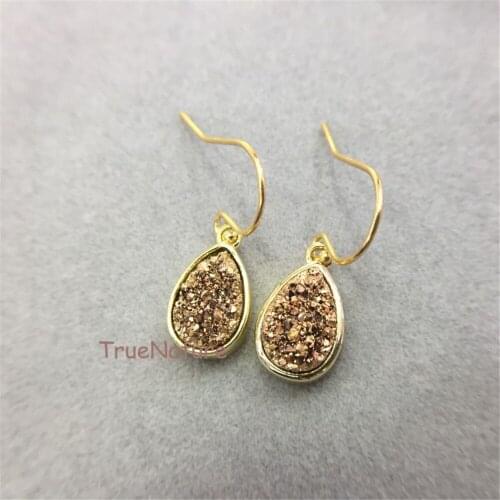 Latest Titanium Jewelry Gold Druzy Crystal Dagger Gold Electroplated Water Drop Charm Earring In 12x8 mm ER5146