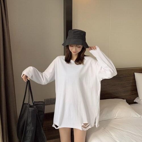 2020 New Solid Spring Autumn Hole Women Long Sleeve Fresh TShirts Casual Loose White Black Clothes Simple Female Basic Pullovers