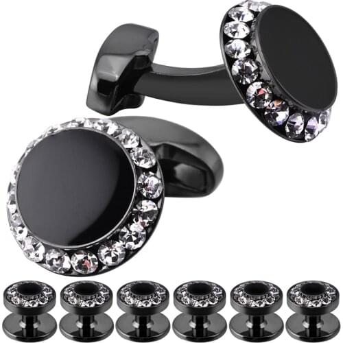 New Arrival Cufflinks and Studs Set for Men Classic Black Enamel&Crystal Tuxedo Shirt Jewelry Cuff Button Mens Wedding Gift