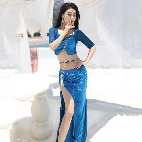 New Women Sexy Fashion Bellydance Oriental Costumes Set Top Skirts Split Practice Clothes Top Skirt Professional Belly Dance