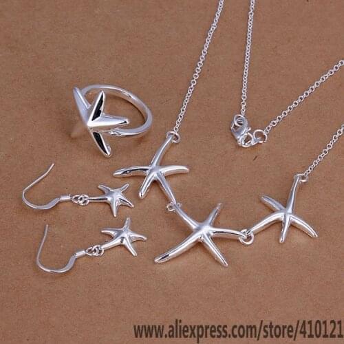 S175 Lucky Charm Silver Color Jewelry Sets For Women Jewelry Lady Accessories Fashion Starfish Ring Drop Earrings Necklace