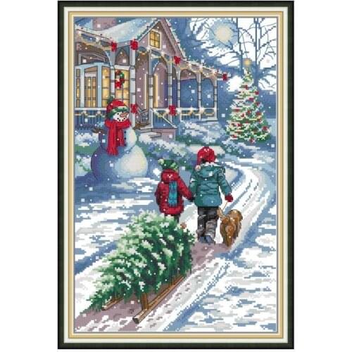 Stamped Cross Stitch Kits Christmas Snow Scene Embroidery Needlework Patterns Counted Thread Home Decor 11CT 14CT Printed Fabric