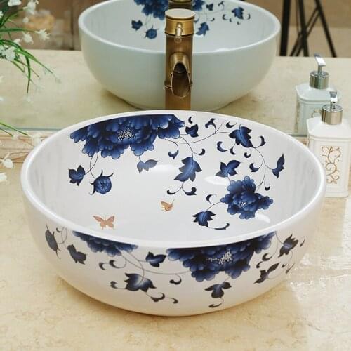 Blue and white Europe Vintage Style Art Porcelain Countertop Basin Sink Ceramic wash basin Bathroom Sinks