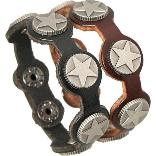 Vintage Fashion Men Hippie Wristbands Alloy Gothic Star Charm Circle Leather Cuff Bracelet Buckle Bangle Wrap Retro Punk Jewelry