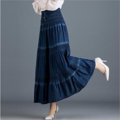New Spring Summer Women Denim Skirt National Styles Elastic High Waist Pleated Maxi Skirts Fashion Female Jeans Long Saias K1248