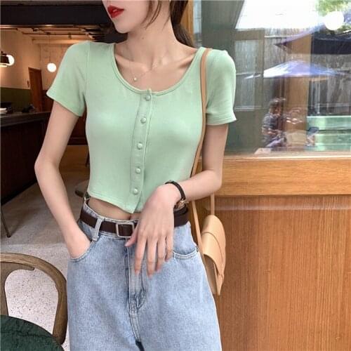 T Shirt Women Casual Short Tee Shirt Single Breasted Short Sleeve T-shirt Harajuku Women T-shirt