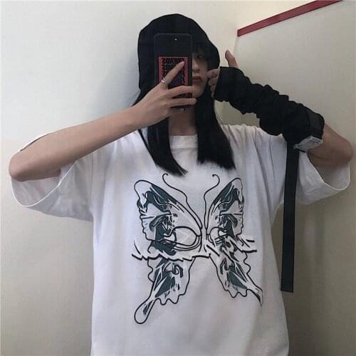 Goth Streetwear Short Sleeve Top Tee Female Kawaii y2k mujer gothic футболка Harajuku butterfly Print Black Crop Women T-shirts
