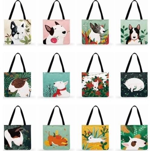 Women Casual Tote Cute Bull Terrier Illustration Print Tote Bag Ladies Shoulder Bag Foldable Shopping Bag Outdoor Bag Beach Bags