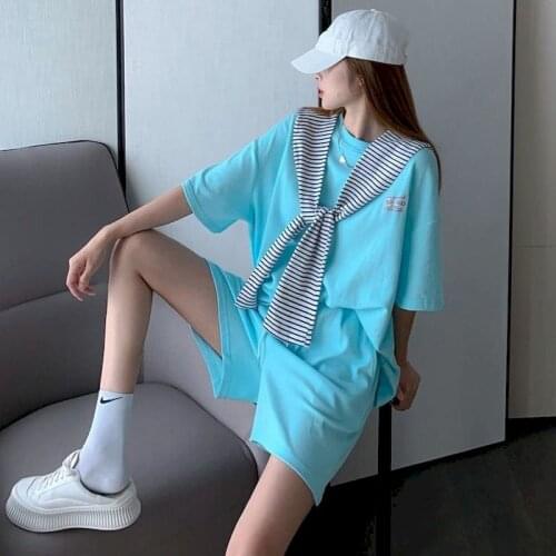 Womens Suits Fashion Sports Suits Student Korean Loose Short-sleeved T-shirt Shorts Casual Two Piece Sets Running Clothes Summer